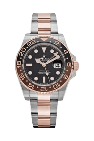 Rolex GMT-Master II in rose gold and steel with a brown and black bezel